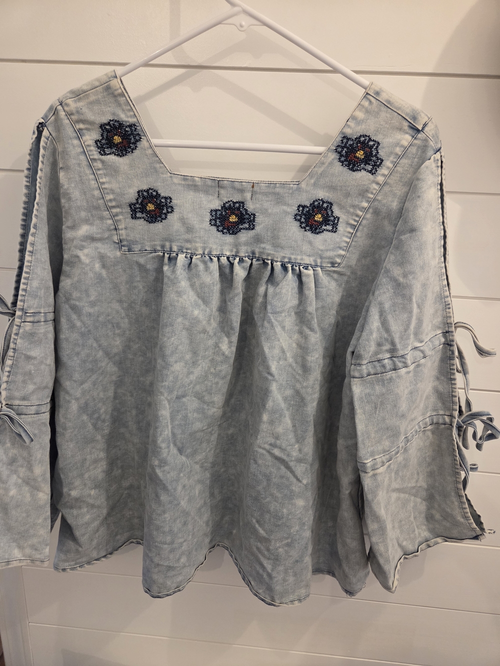 POL Light Wash Denim Embroidered Tunic - Blue